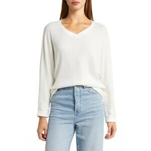 Caslon Dolman Sleeve Ribbed Knit V-Neck Baggy Oversized Fit White Sweater Large
